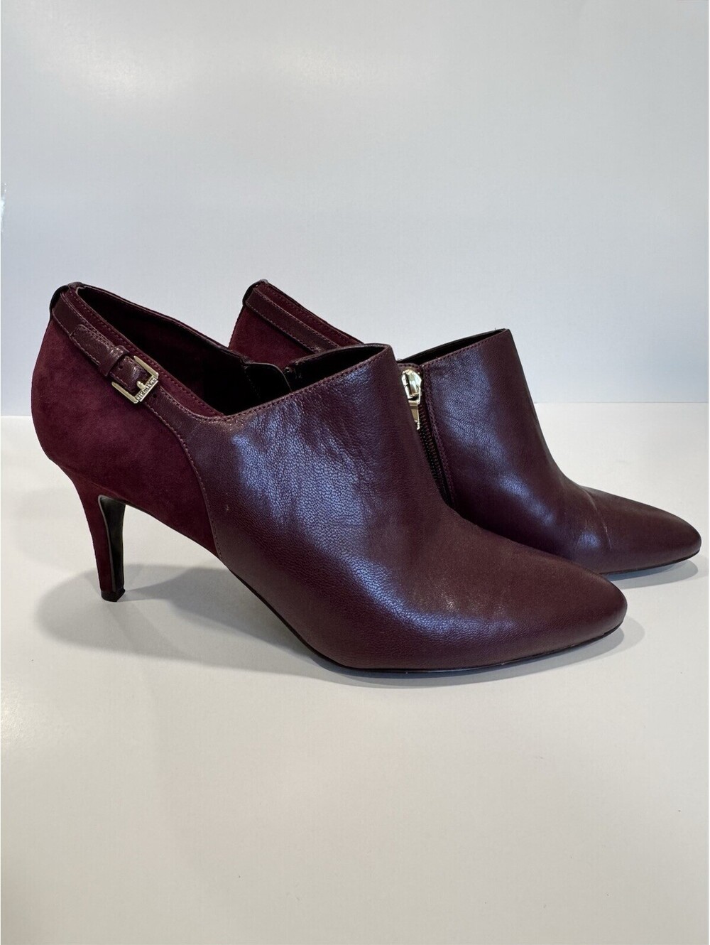 Ralph Lauren Bootie Women's 9.5 Paula' Plum Purple 3" Stiletto Sexy Gold Accents